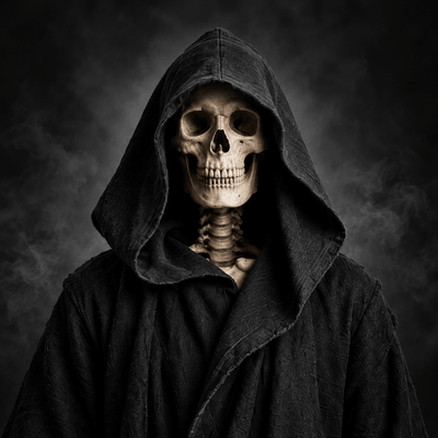 Grimothy, a skeleton in a dark hood