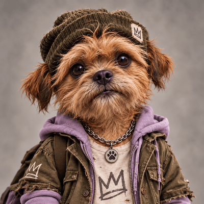 Ziggy, a small dog character in a beanie and purple hoodie